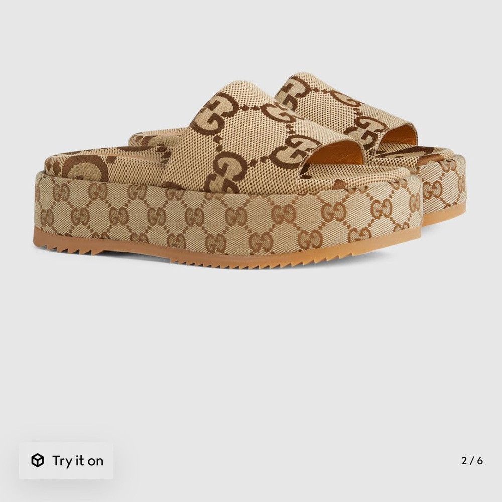 Gucci Tan Monogram Platform Slides - image 1
